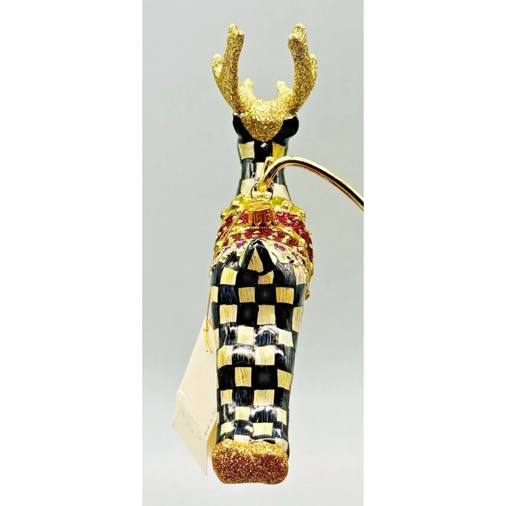 Mackenzie‎ Childs Prancer Reindeer Glass Christmas Ornament Courtly Checks Box